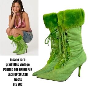 RARE GRAIL 90'S VTG. SPLASH LACE‎ UP FUR POINTED TOE BOOTS 8.5 EUC